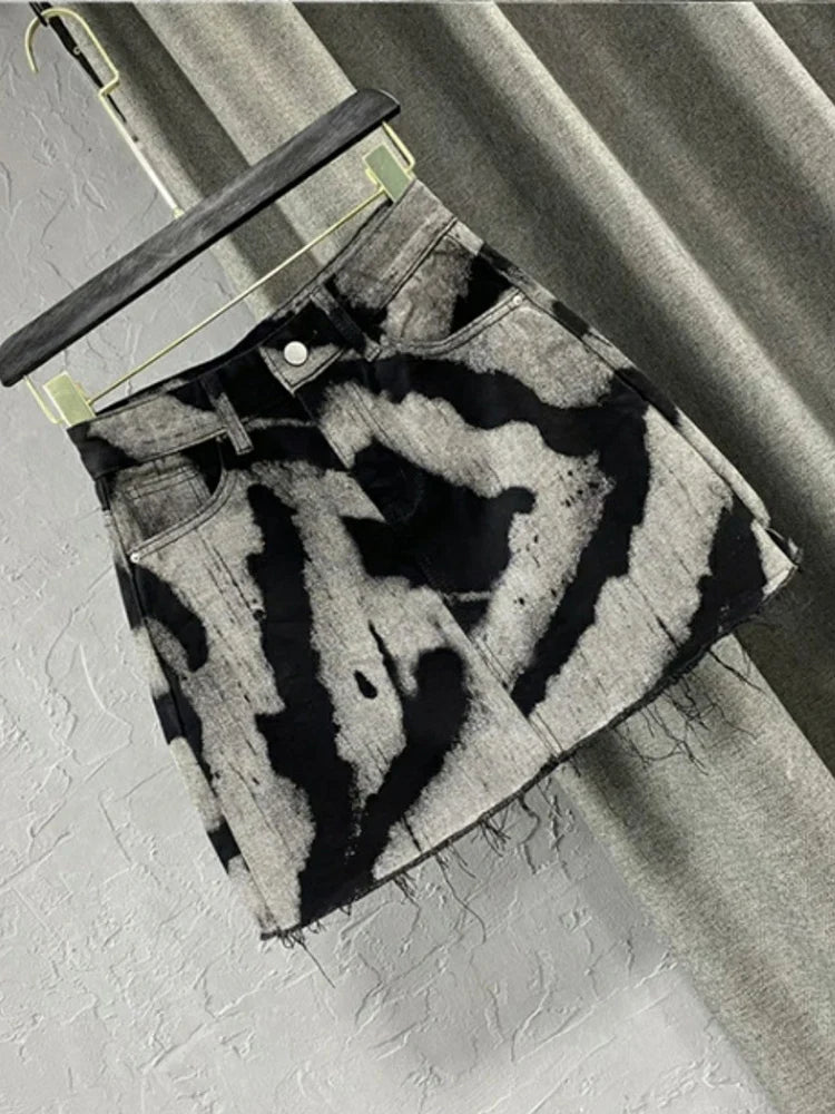 DEAT Women's Denim Skirt Contrast Color Stripes Print Burrs High Waist Short Mini Skirts Summer New Fashion 11XX1648