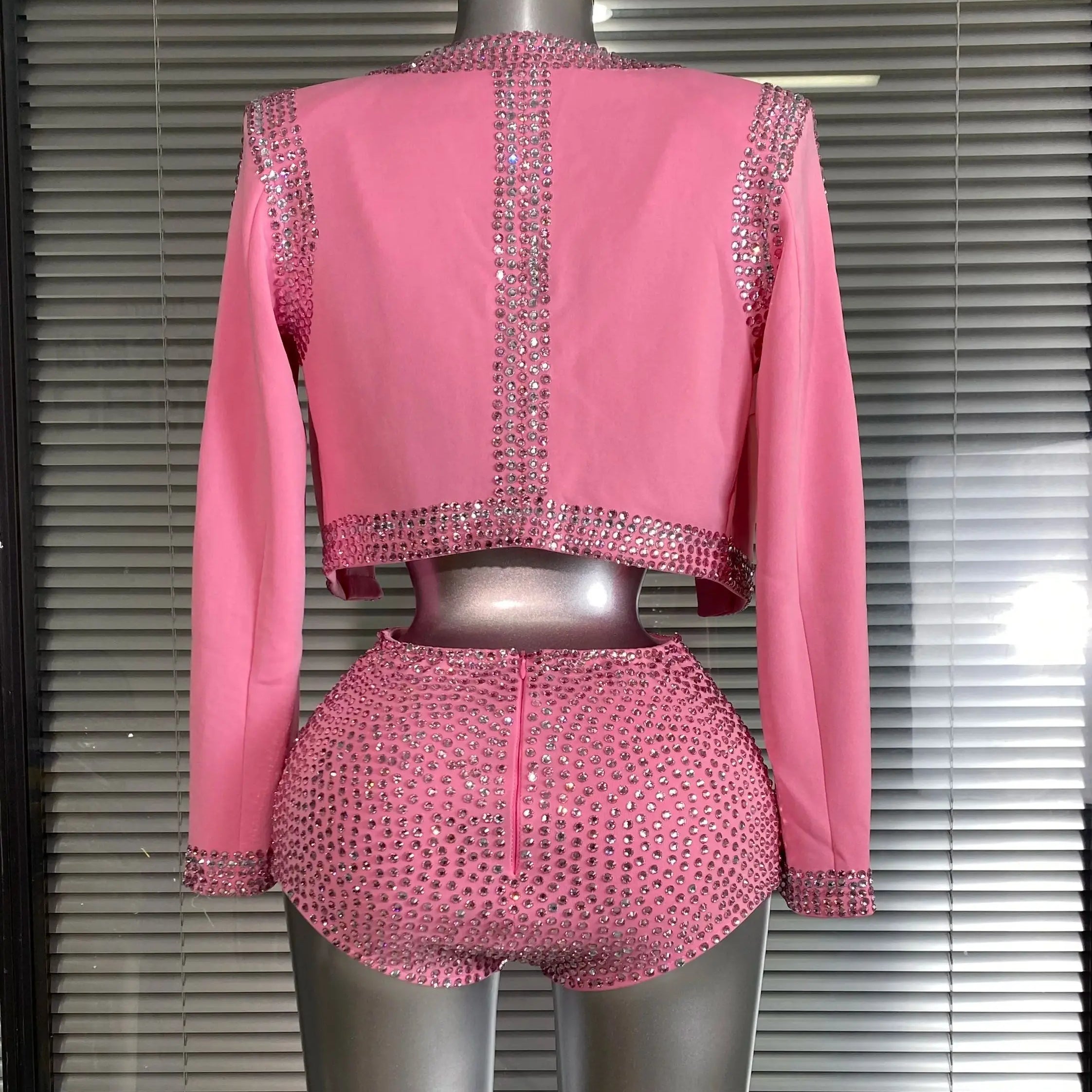 Women Sexy Two Pieces Set Pink Crystal Diamond Night Club Short Pants Suits Coat Singer Dancer Stage Performance Costume