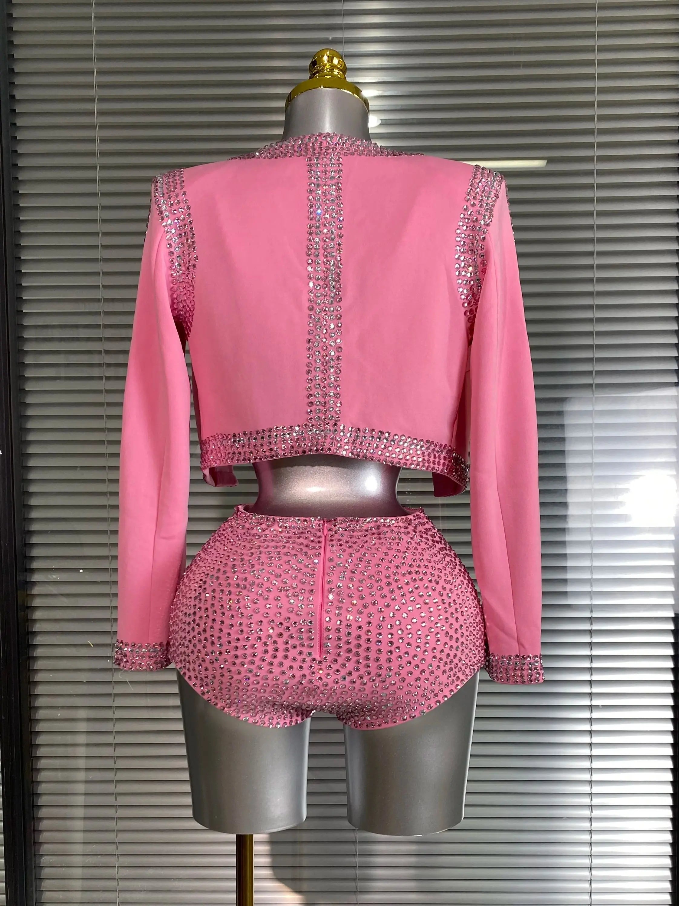 Women Sexy Two Pieces Set Pink Crystal Diamond Night Club Short Pants Suits Coat Singer Dancer Stage Performance Costume