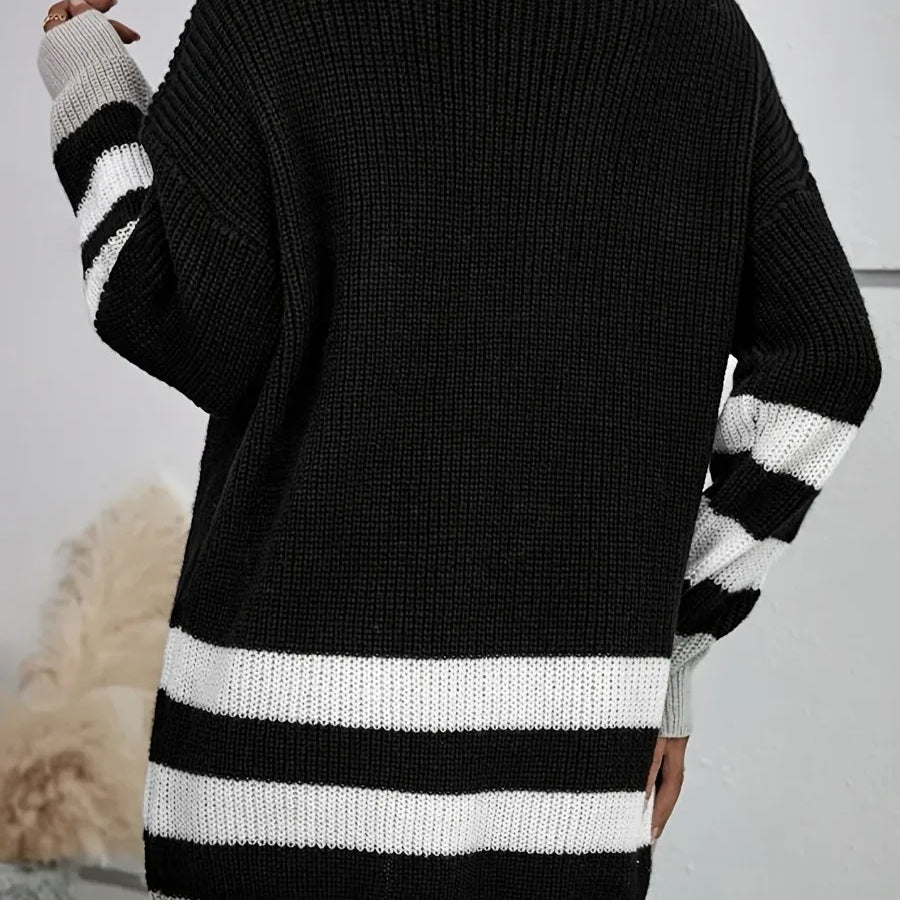 Dropped Shoulder Striped Cardigan Fashion Autumn Winter Knitting Long Sleeve V Neck Casual Sweater Daily Tops forWomen