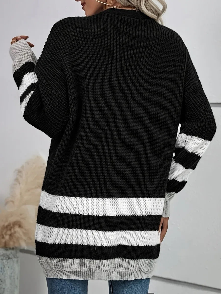 Dropped Shoulder Striped Cardigan Fashion Autumn Winter Knitting Long Sleeve V Neck Casual Sweater Daily Tops forWomen
