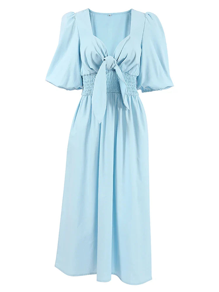 OOTN Sexy High Waist A Line Dresses Spring Elegant Blue Pleated Short Sleeve Dress Women Vintage Cotton Linen Summer Dress 2024 blue