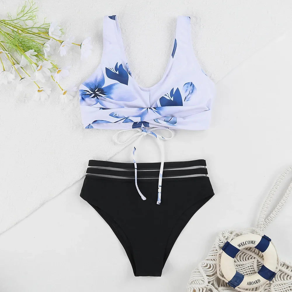 Lace Up High Waist Bikini Woman Swimsuit Women Swimwear Bathing Suit Padded Push Up Floral Print Swimsuit Women Bikini Set 5