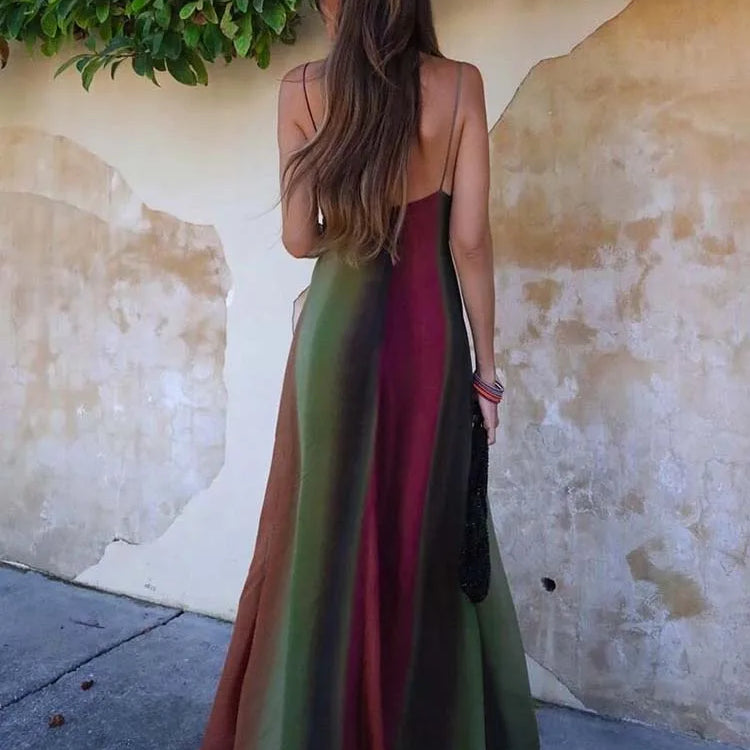 Sexy Backless Slip Long Chiffon Beach Sling Dress For Women Summer Vacation Contrasting V Neck Holiday Beachwear Dresses