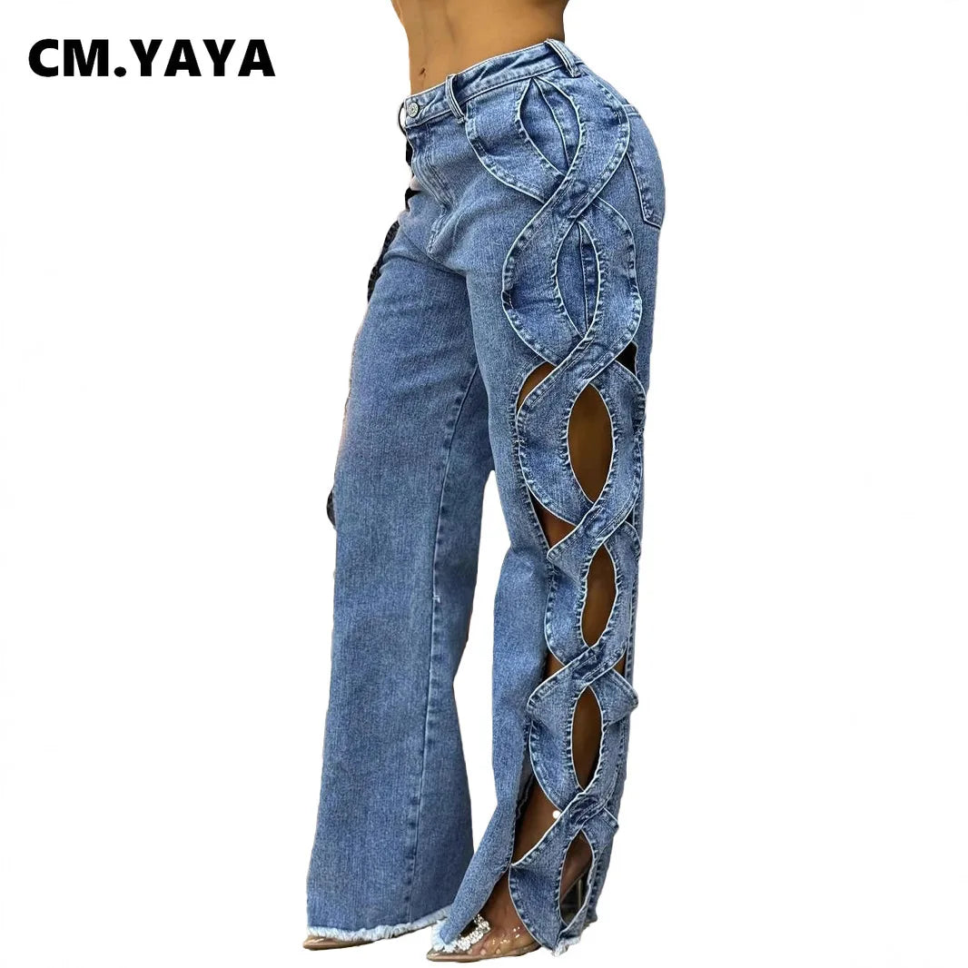 CM.YAYA Women Streetwear Cutout Hollow Out Criss Cross Side Wide Leg  Blue Denim Pants 2025 Fashion Sexy Party Jeans Trousers