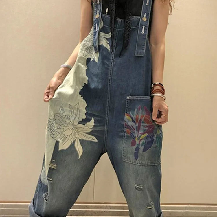 Korean Females Fashion Overalls Ladies Spring Printed Denim Harem Pants Vintage Casual Jeans Womens Loose Vintage Trousers