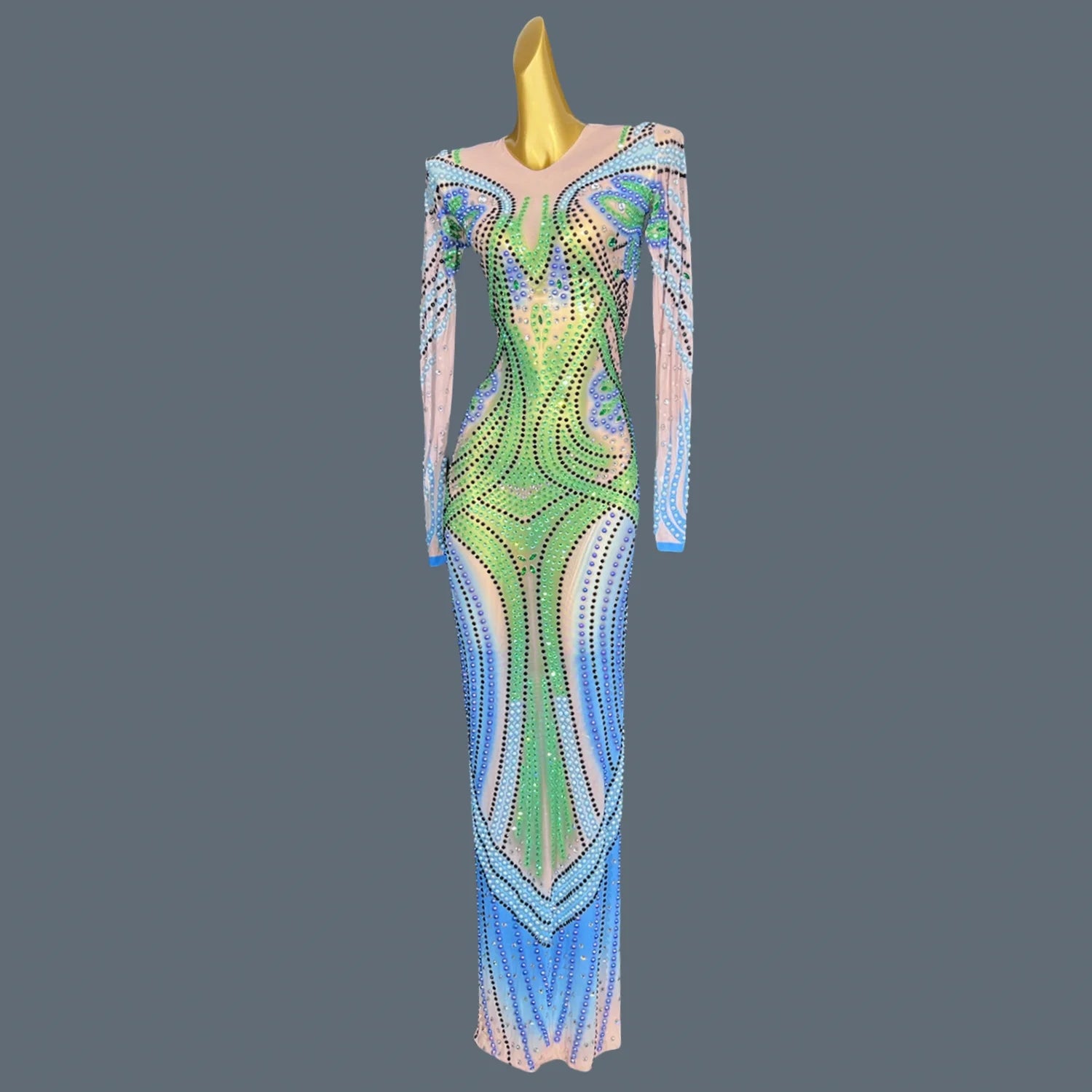 Sexy Sheer Mesh Maxi Dress Nightclub Sparkly Fancy Rhinestone Dress Cocktail Bodycon Luxury Evening Dress For Elegant Woman zuma