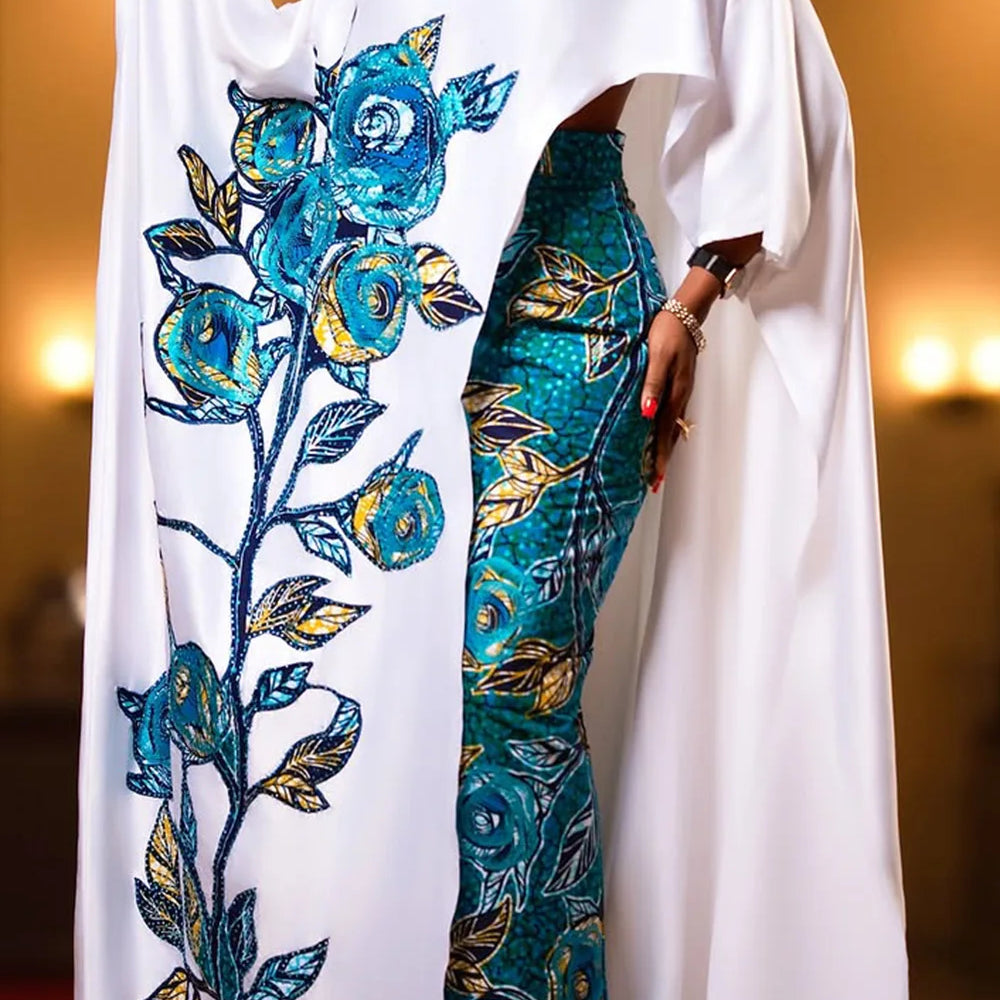 Plus Size Formal White Elegant Floral Oblique Collar 3/4 Sleeve Split Two Piece Skirt Sets