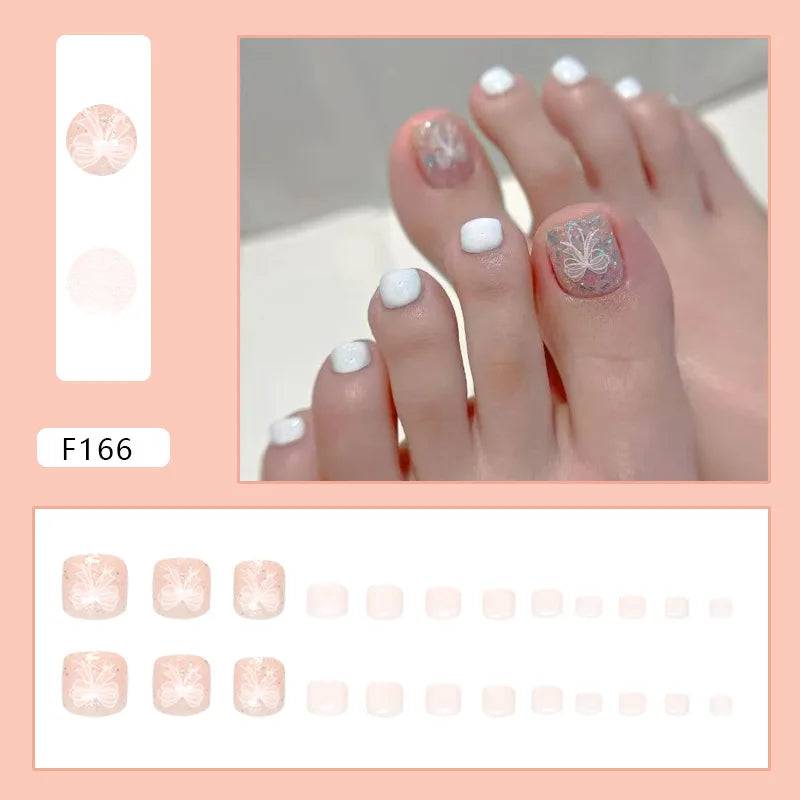 24pcs Summer Color False Toenails Purple Pink Sweet Korean Fake Toe Nails Wearable Detachable Square Head Press on Toenails
