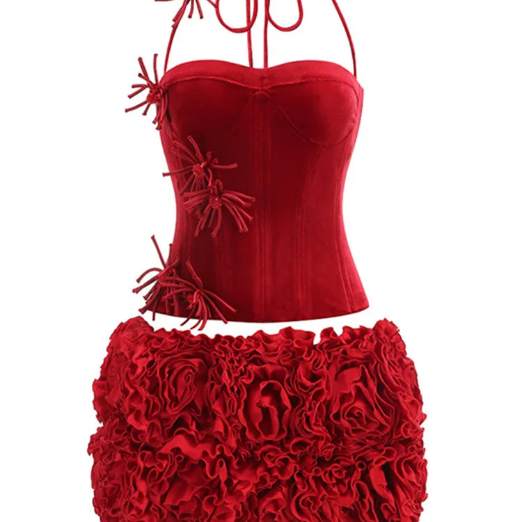 Women Sexy Halter Backless Lacing Flower Black Mini Two Pieces Skirt Bandage Set 2025 Celebrity Designer Fashion Women's Set