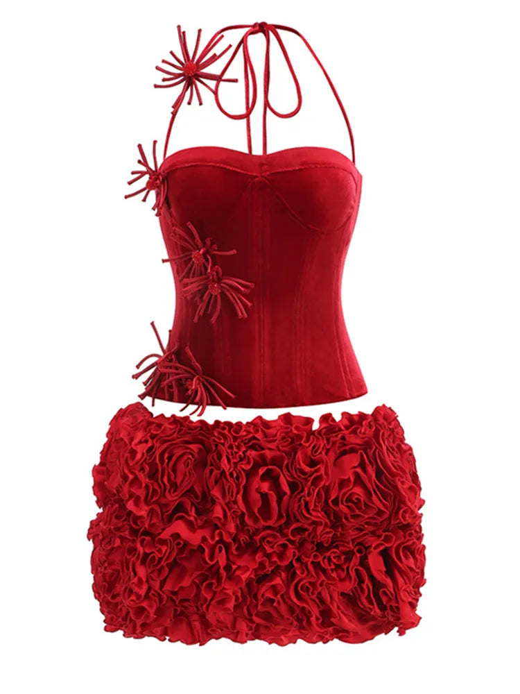 Women Sexy Halter Backless Lacing Flower Black Mini Two Pieces Skirt Bandage Set 2025 Celebrity Designer Fashion Women's Set