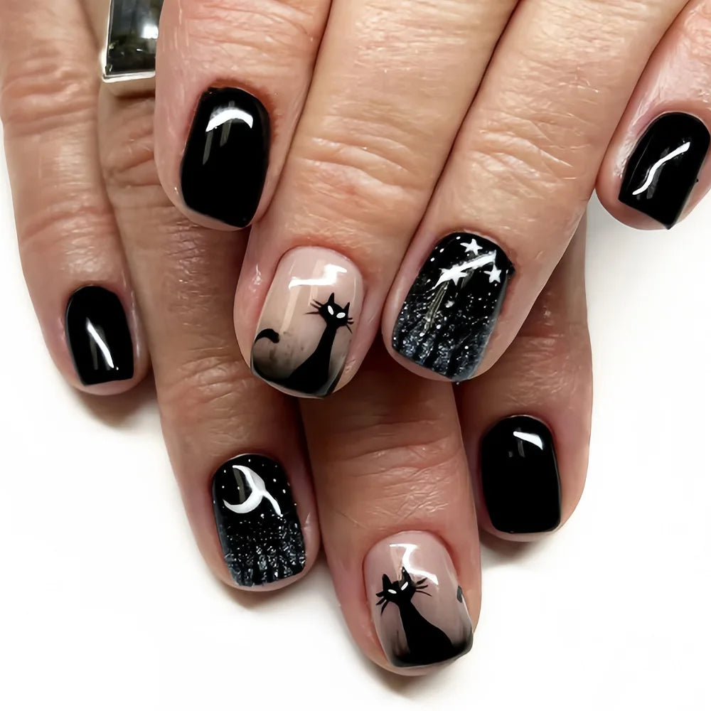 24Pcs Short Square False Nails Dark Forest Castle Design Press on Fake Nails Halloween Reusable Artificial Full Cover Nails Tips