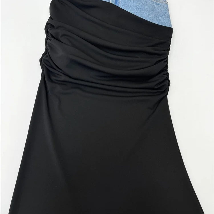 Women Designer Bodycon Maxi Skirt Colorblock Spliced High Waist Stretch Ruched Casual Long Pencil Skirt