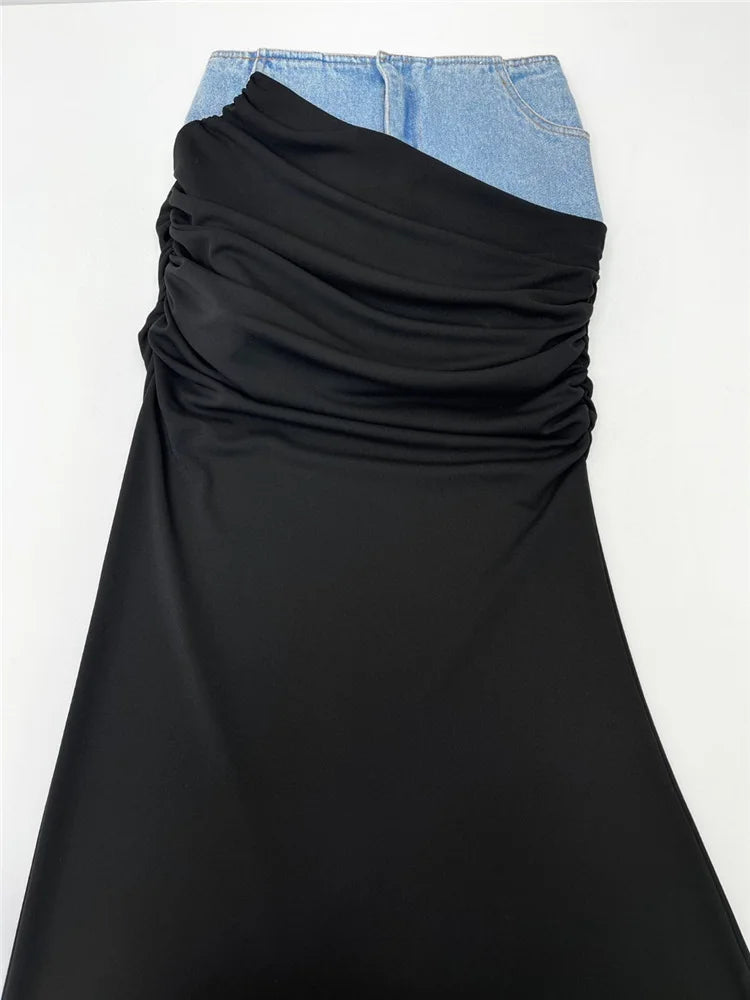 Women Designer Bodycon Maxi Skirt Colorblock Spliced High Waist Stretch Ruched Casual Long Pencil Skirt