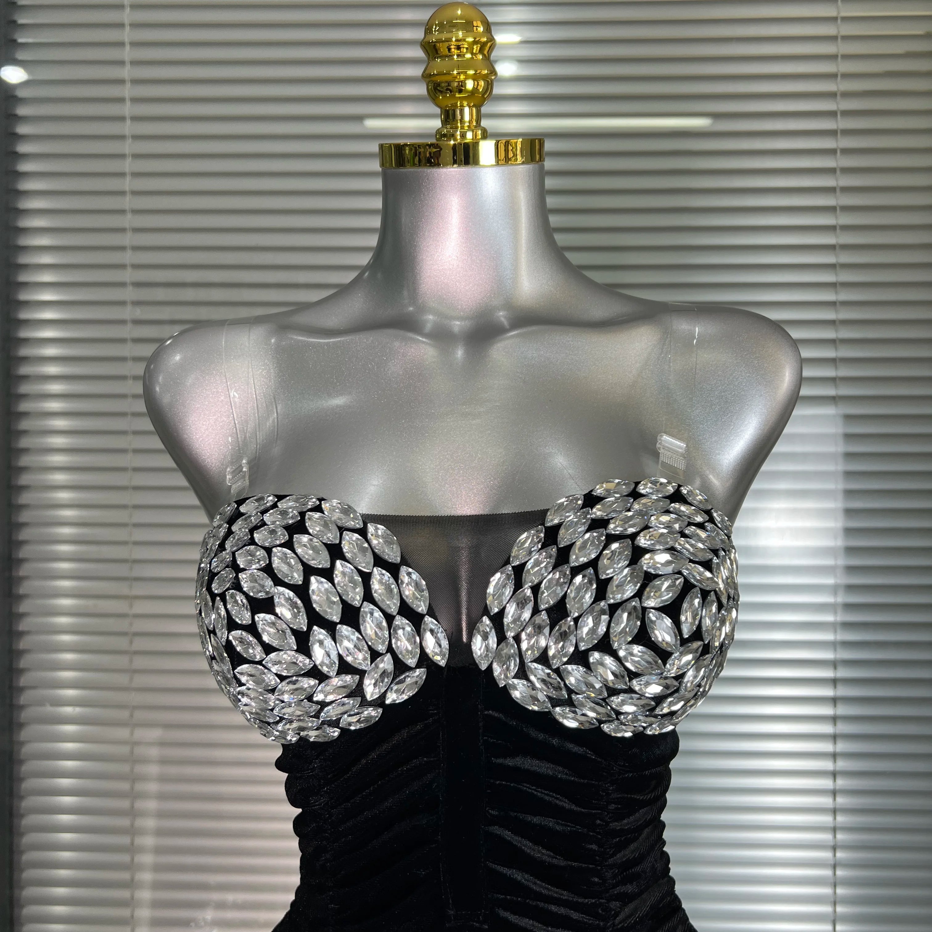 Women Sexy Mesh Crystal Diamonds Black Costume Stage Dancer Stretchy Night Club Strapless Mini Party Dress