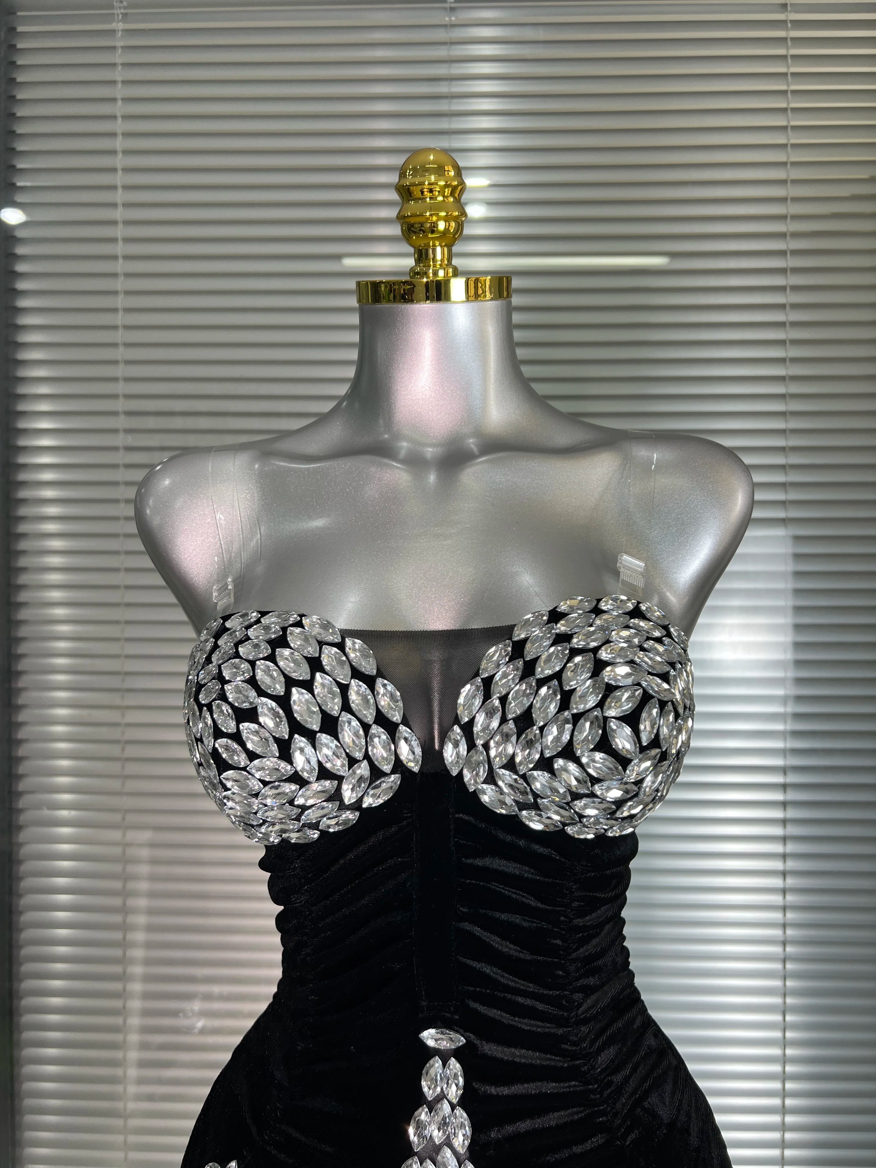 Women Sexy Mesh Crystal Diamonds Black Costume Stage Dancer Stretchy Night Club Strapless Mini Party Dress