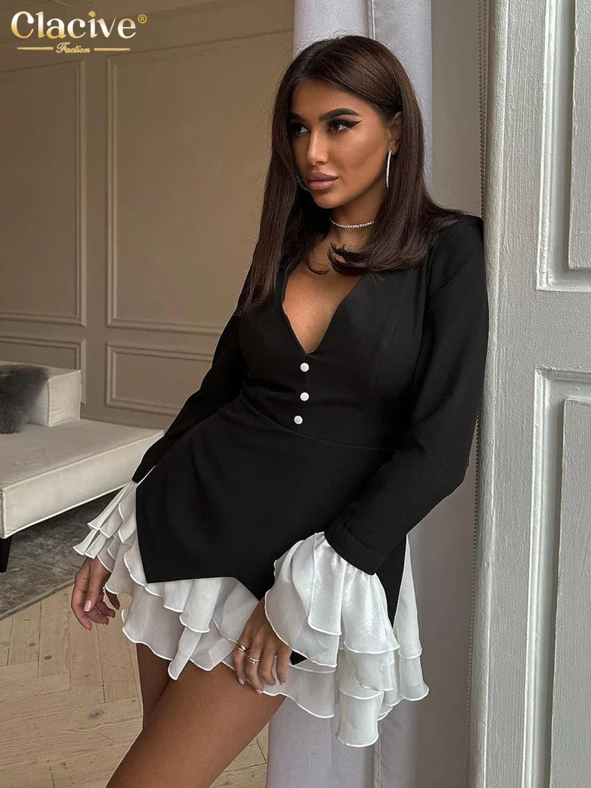 Clacive Sexy Slim Black Women'S Dress Bodycon V-Neck Long Sleeve Mini Dresses Elegant Patchwork Ruffle Female Dress Robe
