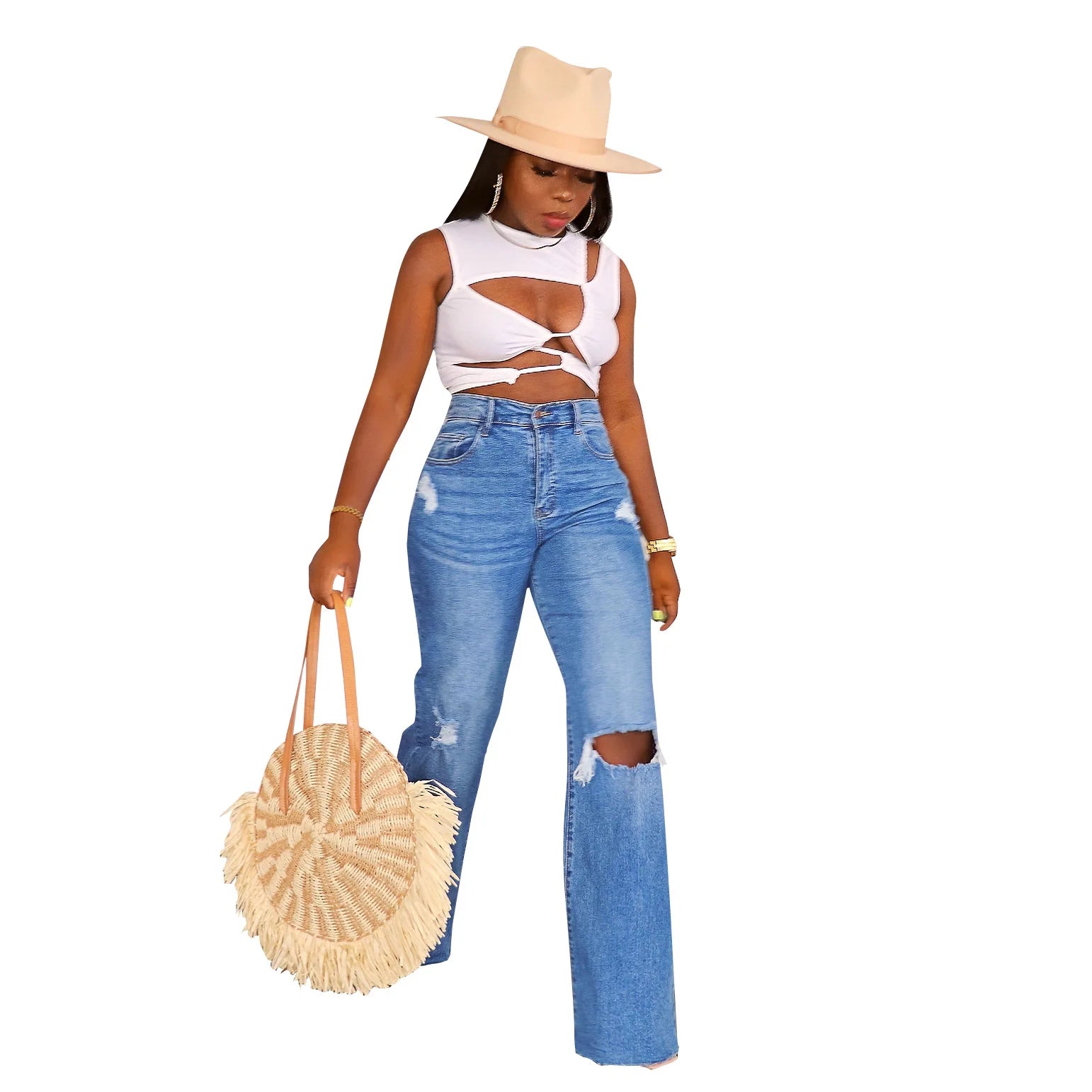 Casual High Waist Wide Leg Pants Loose Fashion Women's Jeans Street Ripped Plus Size Mom Denim Trousers Ladies Pants