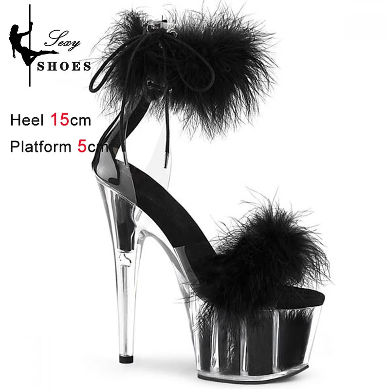 New Cover Heels Buckle Strap Women Sandals Platform Open Toe Color Feather Bride's Wed-ding Shoes Stripper Nightclub Party Heels As Picture Shown 1
