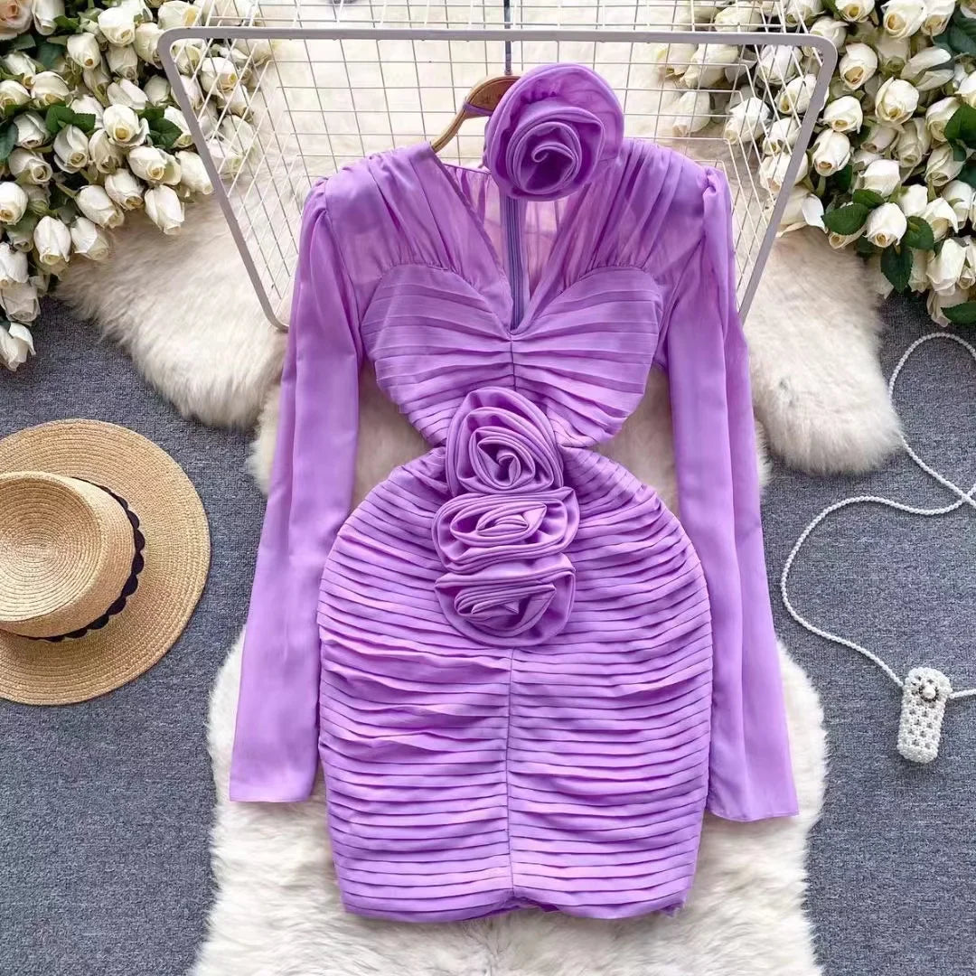 New French Spring 3D Rose Floral Chiffon Pleated Mini Dress Runway Women Sexy V Neck Puff Sleeve Folds Slim Bodycon Party Dress Lavender