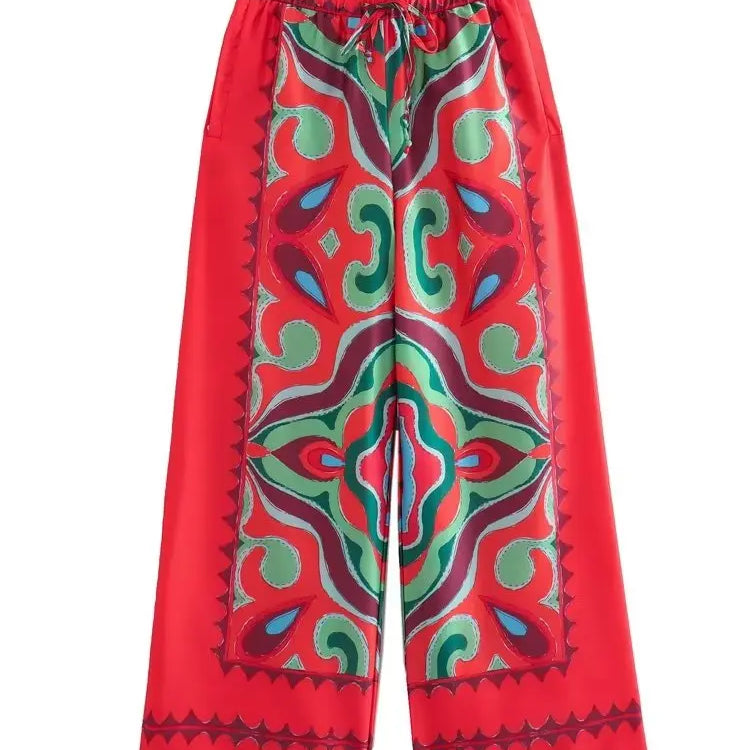 BlingBlingee Summer Printed Women Wide Pants Satin Suits Traf Asymmetric Sleeveless Strapless Crop Top Female Sets Y2K Only Pants 1