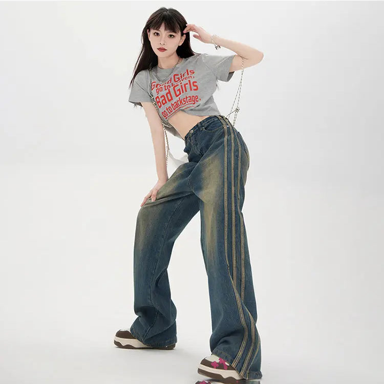 Korean Style Women's Vintage High Waist Streetwear Style Blue Jeans Pants Wide Leg Baggy Y2K Baggy Female Denim Trouser