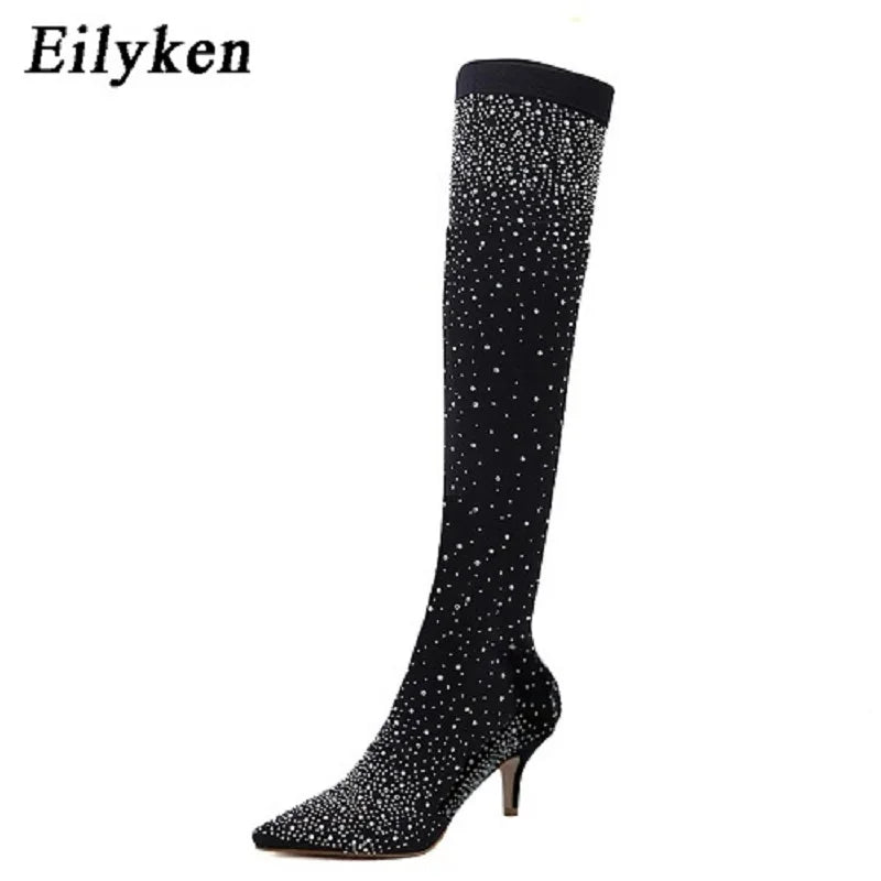 Design Crystal Rhinestone Stretch Fabric Sexy High Heels Sock Over-the-Knee Boots Pointed Toe Pole Dancing Women Shoes