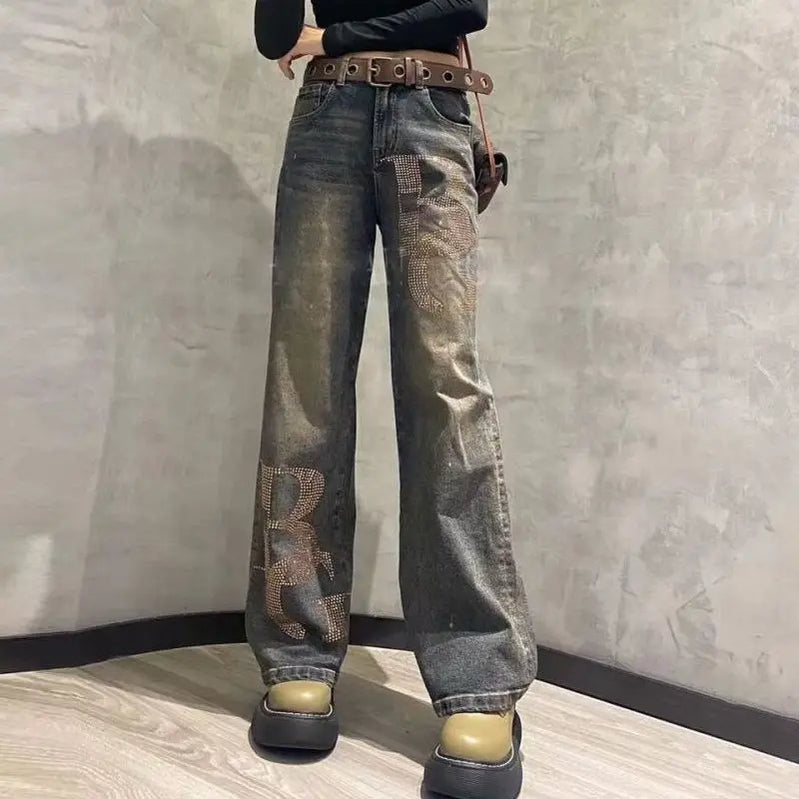 Summer Hollow Lace Jeans Women Panel Diamond Butterfly Feet Slim Fit Embroidered Long Pants Loose Hip Wrap Vintage Stretch 2024 GRAY