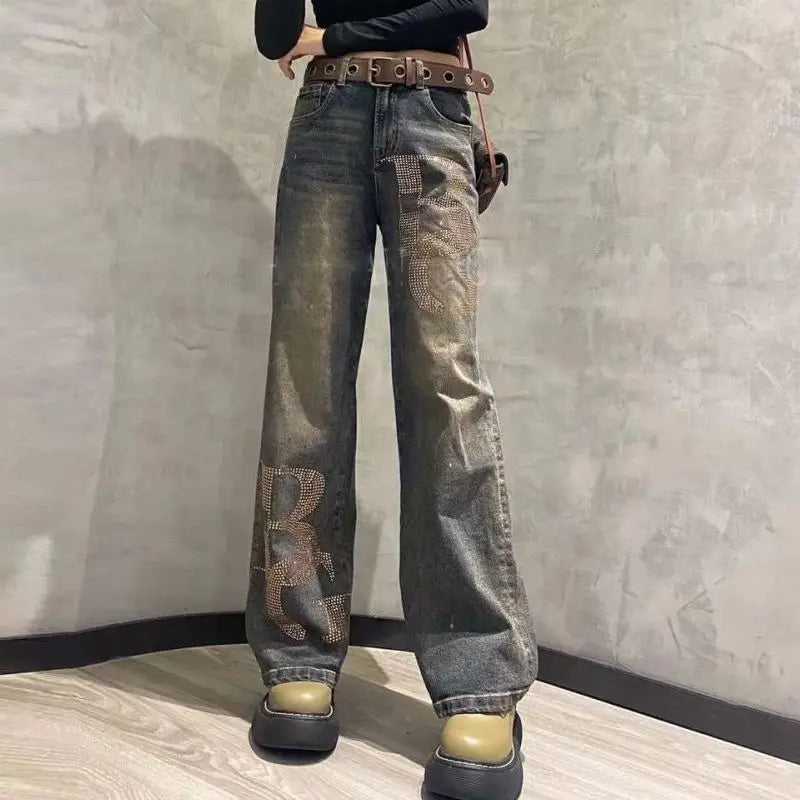 Summer Hollow Lace Jeans Women Panel Diamond Butterfly Feet Slim Fit Embroidered Long Pants Loose Hip Wrap Vintage Stretch 2024 GRAY