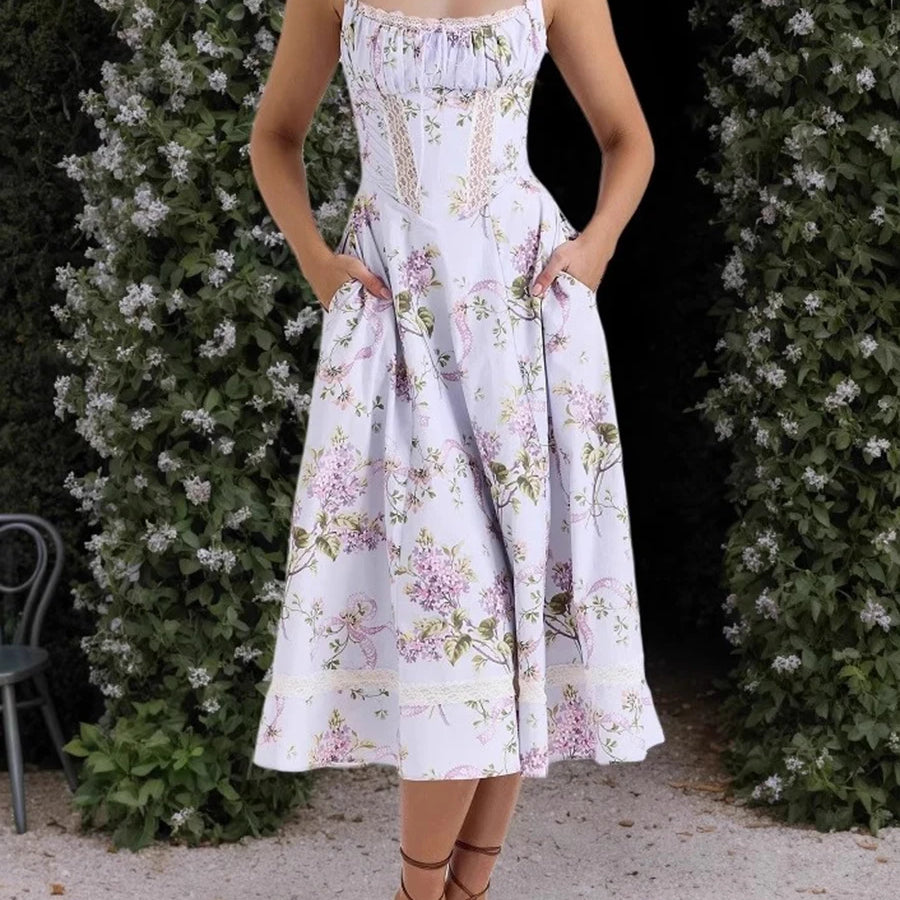 TWOTWINSTYLE Printing Hollow Out Spliced Lace Elegant Dresses for Women Square Neck Sleeveless Patchwork Pockets Dress Female