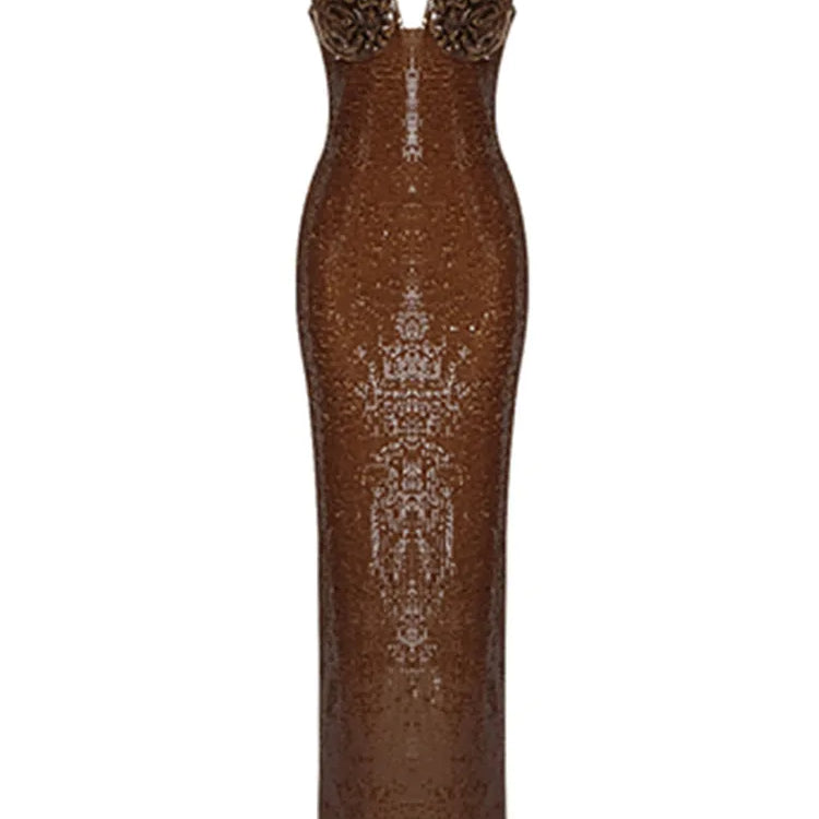 Women Summer Style Sexy Sleeveless Backless Mesh Sequins Brown Bodycon Maxi Long Dress Elegant Evening Party Dress