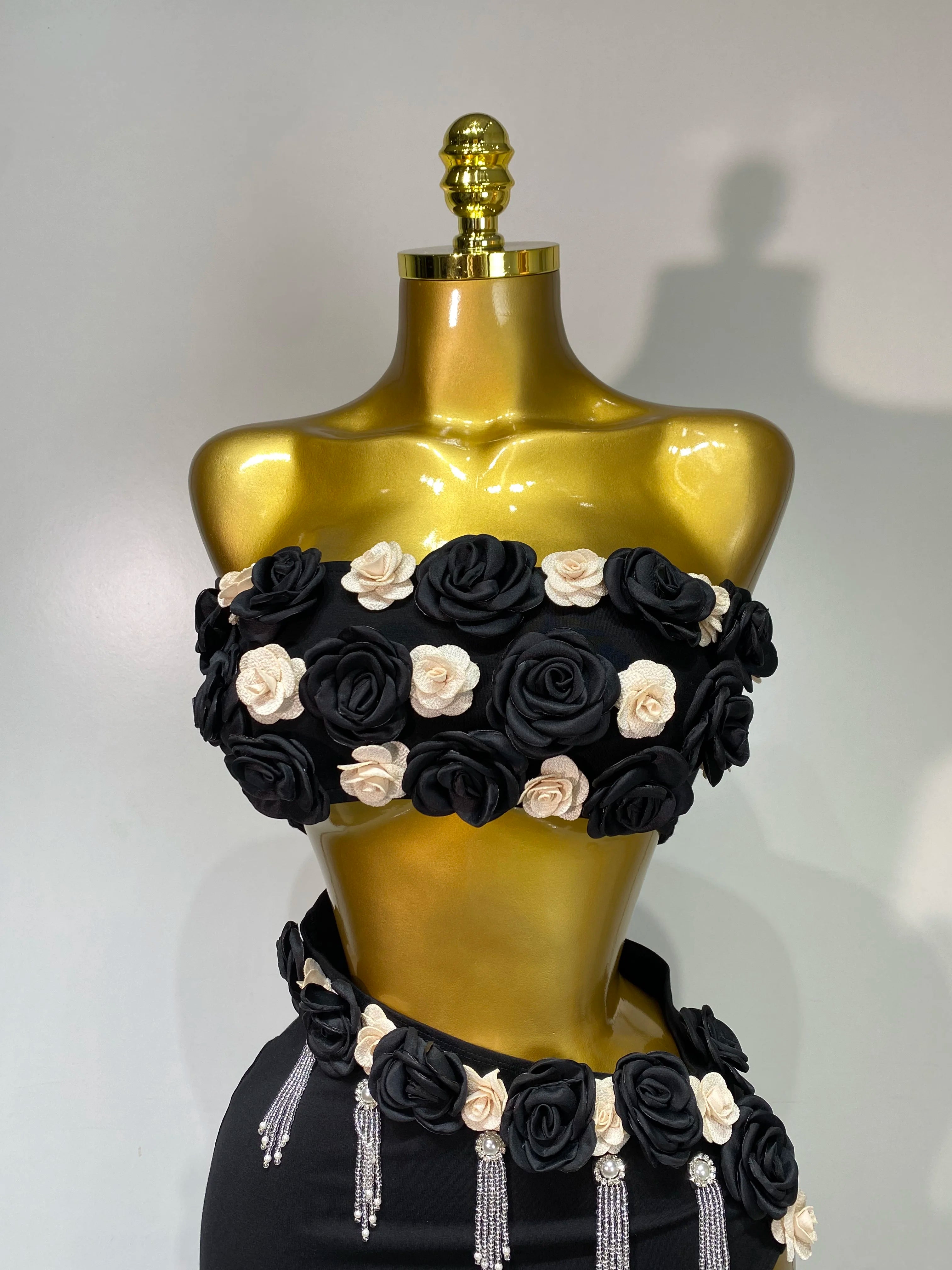 High Quality Women Sexy Flower Strapless Top High Slit Long Skirt Elegant Evening Party Two Piece Set Luxury Birthday Club Gown