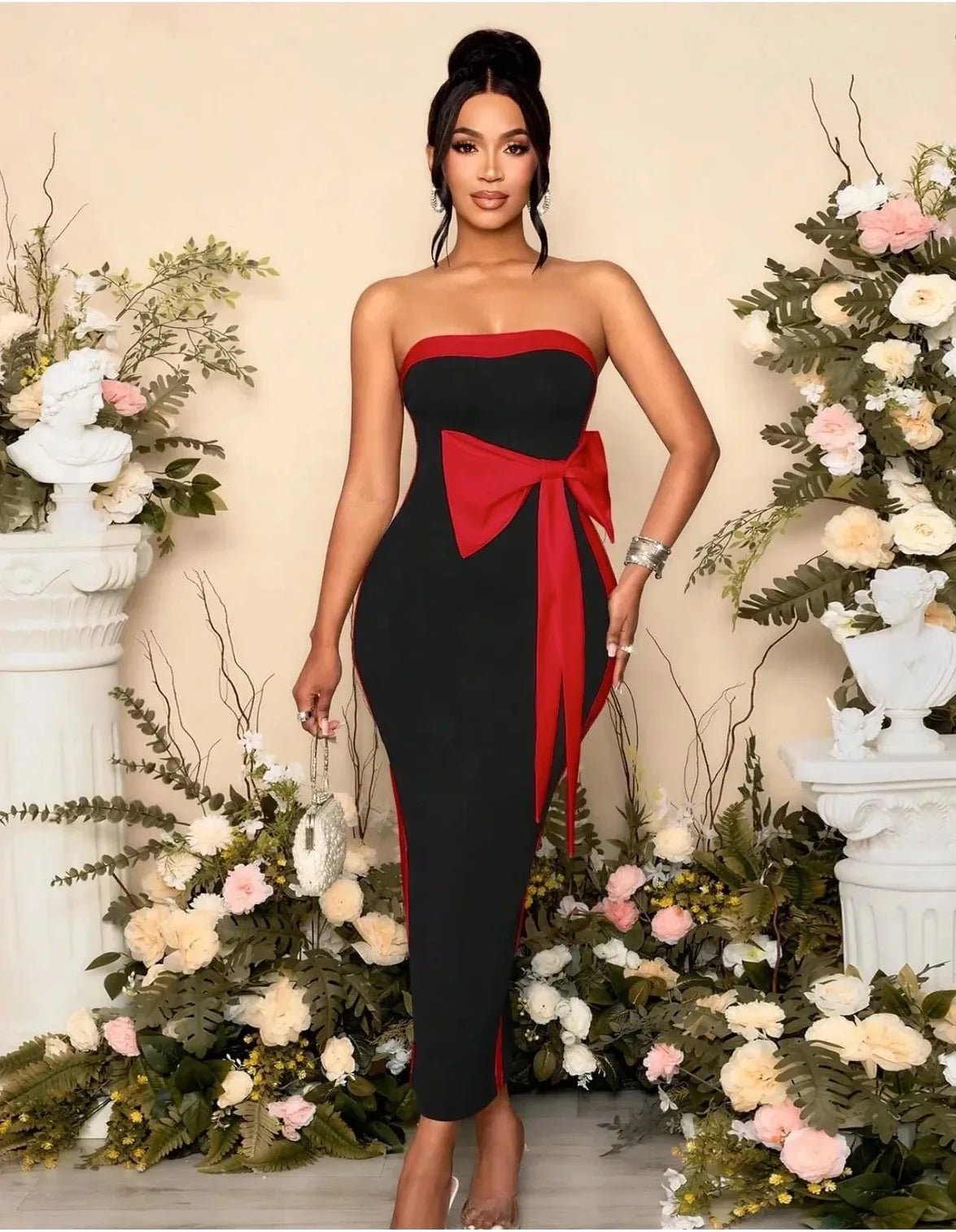 High Quality Women Sexy Strapless Off the Shoulder Bow Bodycon Long Bandage Dress Nightclub Party Celebrate Birthday Outfit