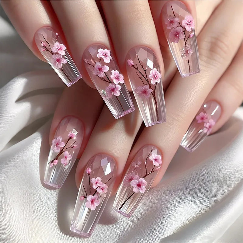 24pcs National Style Plum Blossom Painting 2D Flower Press on Nails Diamond Shape Simple Nails Full Cover Wearable False Nails