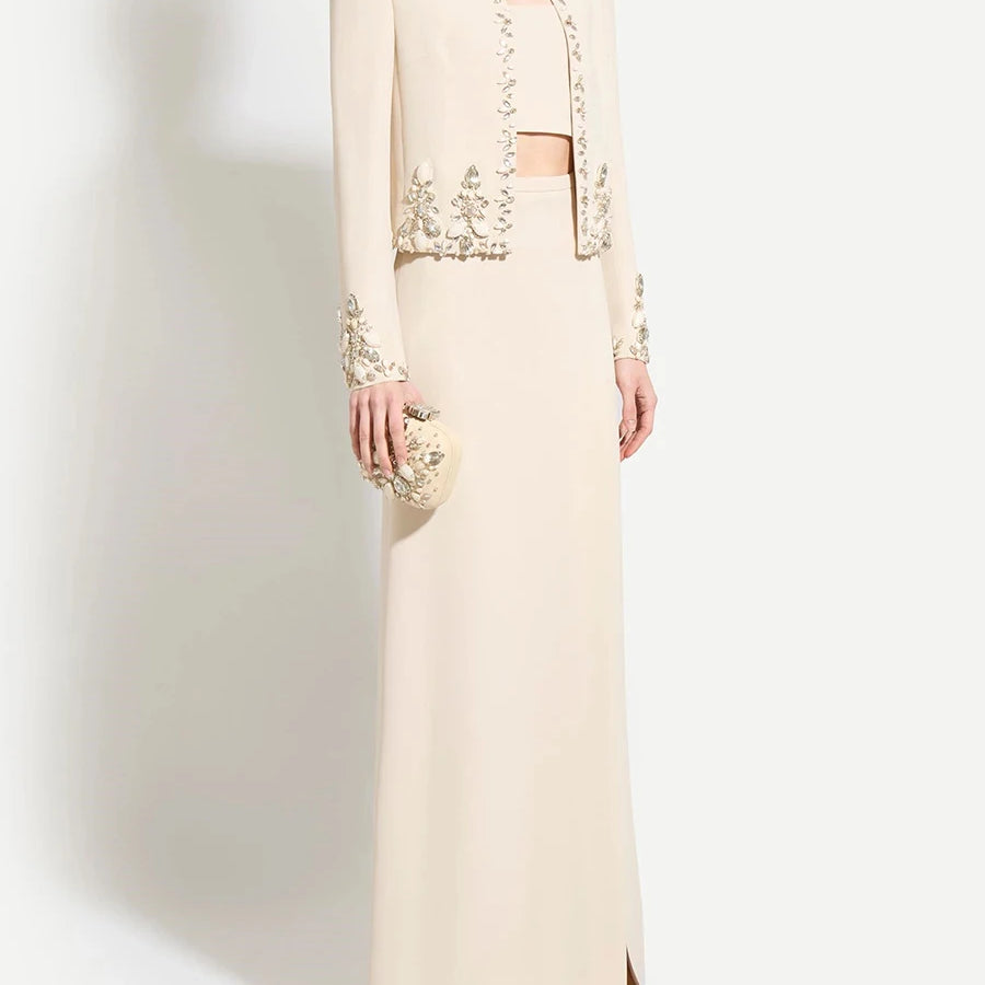 TWOTWINSTYLE Solid Slimming Two Piece Sets for Women Round Neck Long Sleeves Patchwork Bead Top High Waist Split Skirt Female