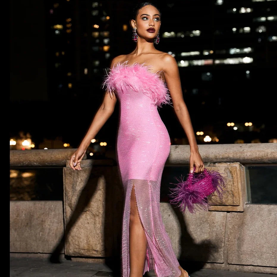 Pink Black Color Women Sexy Strapless Diamond Mesh Feathers Bodycon Long Dress Fashion Celebrate Nightclub Party Birthday Dress