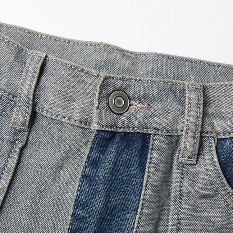Patchwork Pockets Casual Denim Trousers For Women High Waist Spliced Button Hit Color Minimalist Loose Wide Leg Jeans Female
