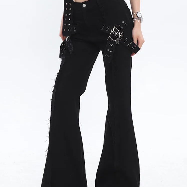 SHENGPALAE Fashion Women's Denim 3 Piece Sets Metal Design Fishbone Strapless Belt Mini Skirt Flare Jeans Summer 2023 New 5R5066