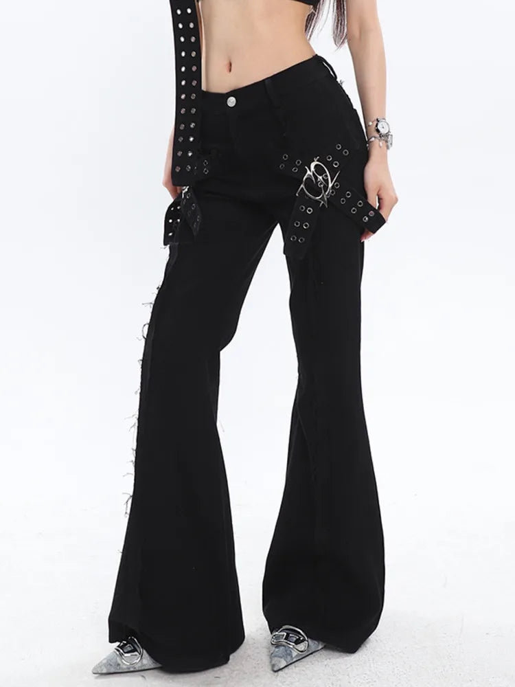 SHENGPALAE Fashion Women's Denim 3 Piece Sets Metal Design Fishbone Strapless Belt Mini Skirt Flare Jeans Summer 2023 New 5R5066