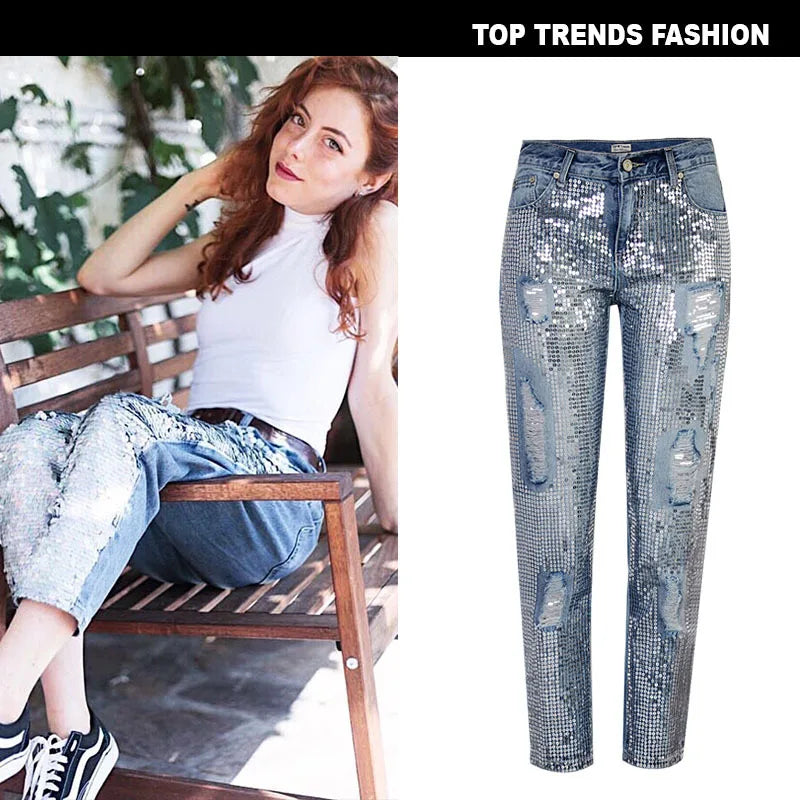 Women's mid rise loose fitting straight denim cropped pants with trendy metal colored worn holes beads Sequin decoration jeans