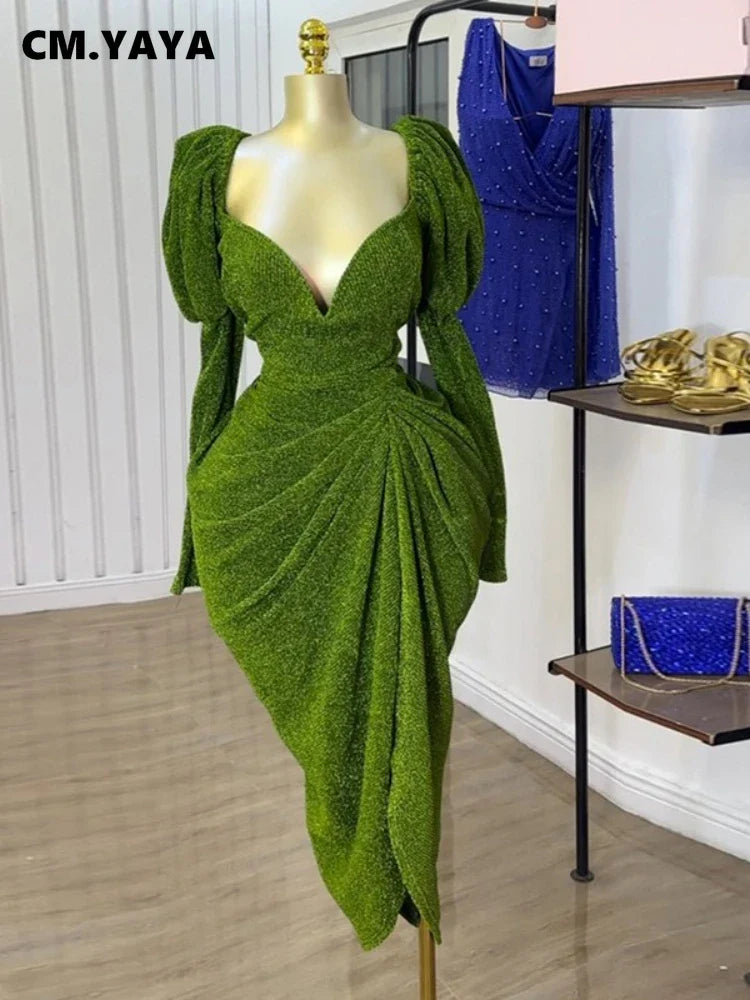 CM.YAYA Women Long Sleeve Strapless Ruched Mini Midi Dress 2025 Summer Evening Vacation Birthday Party Vestidos Sexy Dresses