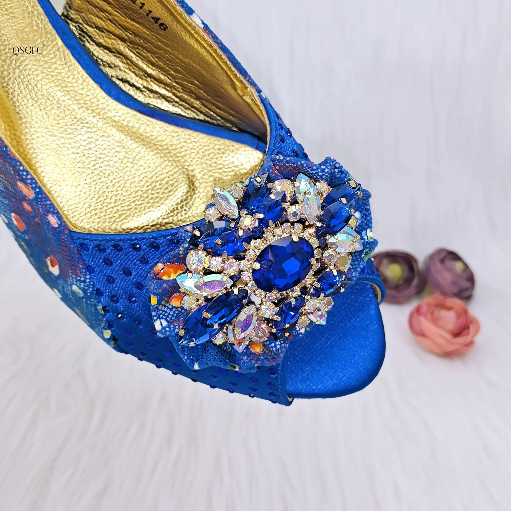 All-match French Open-toe Rhinestone Stiletto Low Heel Shoes Royal blue Color Women's Shoes And Bags