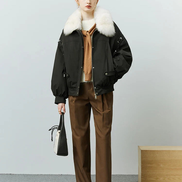 FSLE Fox Fur Collar Short Fur Coat Women's 2022 Winter New Style Overcomes Removable Rabbit Fur Liner Black Khaki Women Coats