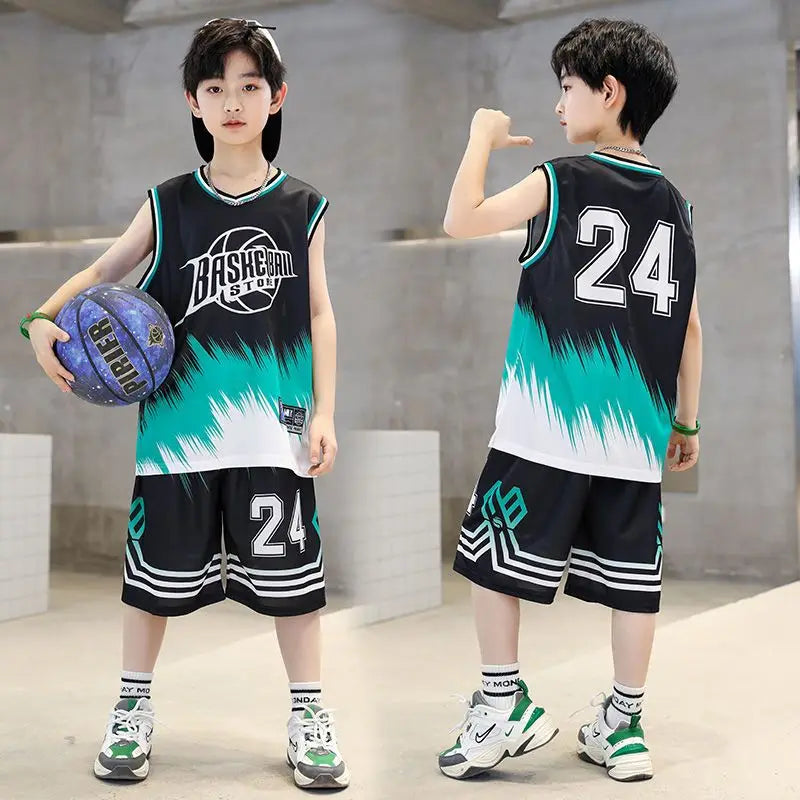 Boys Summer Quick-Dry Basketball Sports Suits 4-14 Years Boys Sleeveless Vset+Short Pants 2pcs Sets Kids Sports Outfits Clothing Black