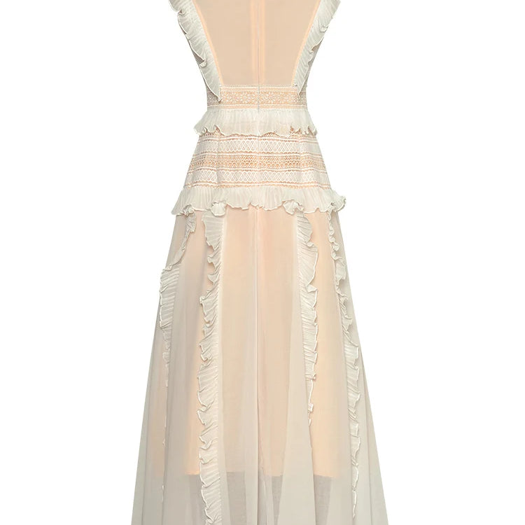 ZJYT 2024 Spring Summer Hollow Patchwork Lace Dresses for Women Elegant Sleeveless Ruffles Midi Black Party Dress Holiday Robe