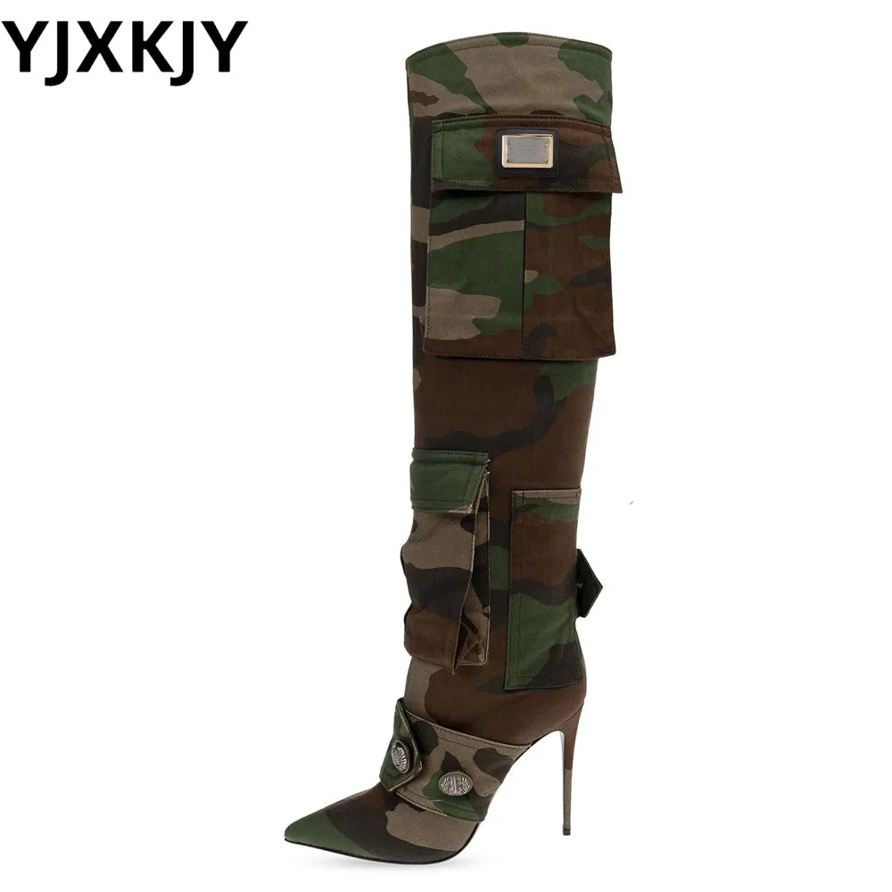 YJXKJY 2023 Nuova femmina camouflage borse ginocchiera stivali tela fibbia tallone alta con punta di punta di punta di punta di piedi 43 scarpe da donna