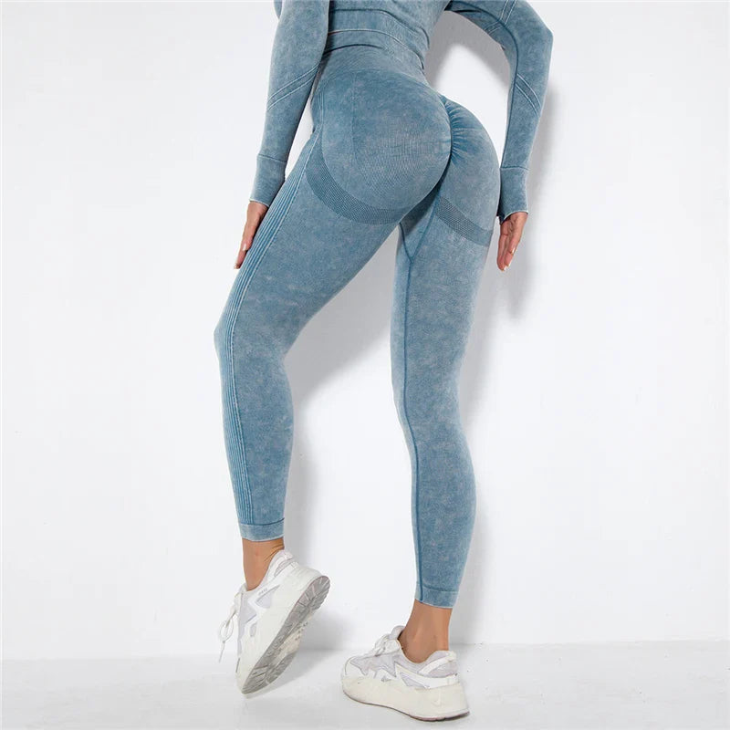 Women Seamless Yoga Set Fitness Sports Suits Gym Clothing Long Sleeve Crop Top Shirts High Waist Running Leggings Workout Pants Blue 1pc