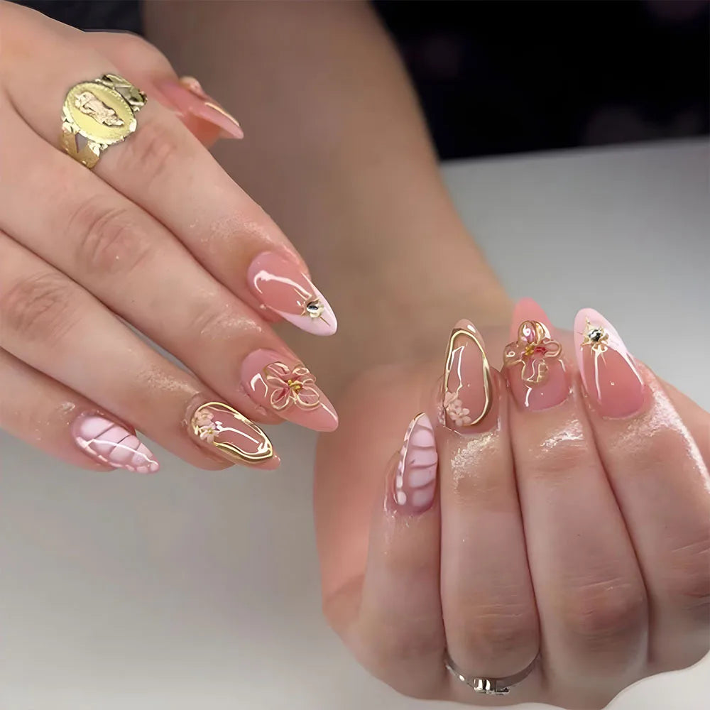 24pcs/set Medium fake nails for women girls 3D embossed flowers fruit shell rhinestones design Almond tips press on false nail