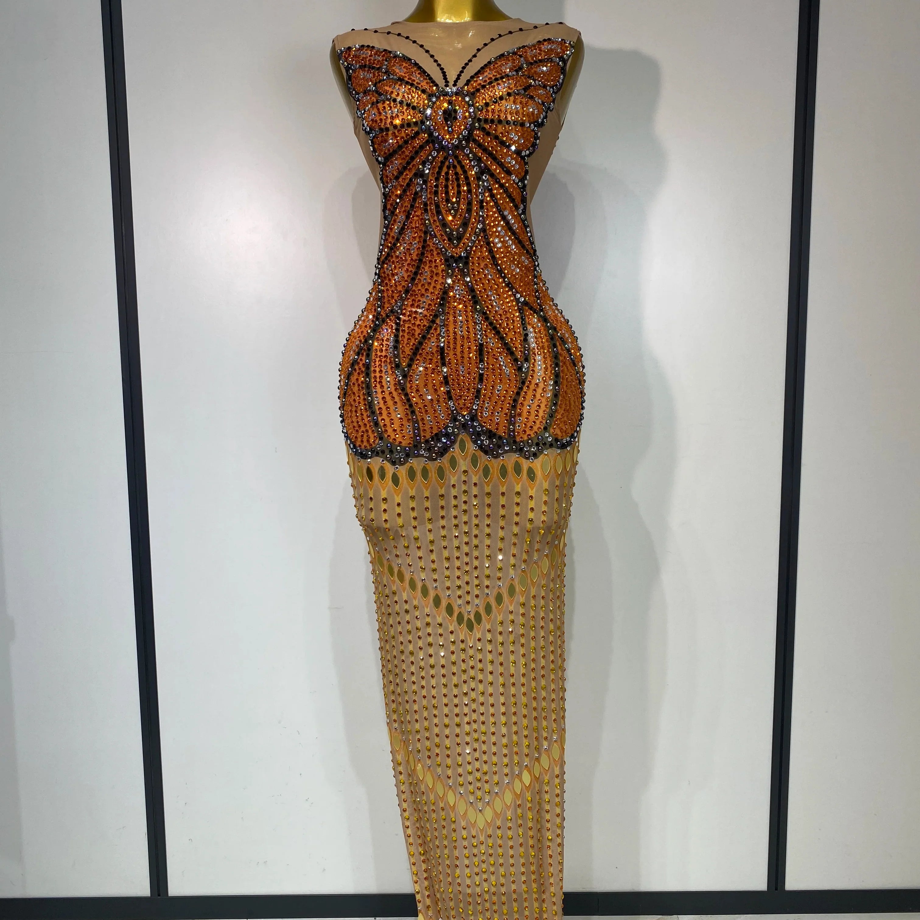 Luxury Rhinestones Mesh Long Dress  Elegant Sexy Sleeveless Birthday Evening Party Gown Performance Singer Stage Outfit