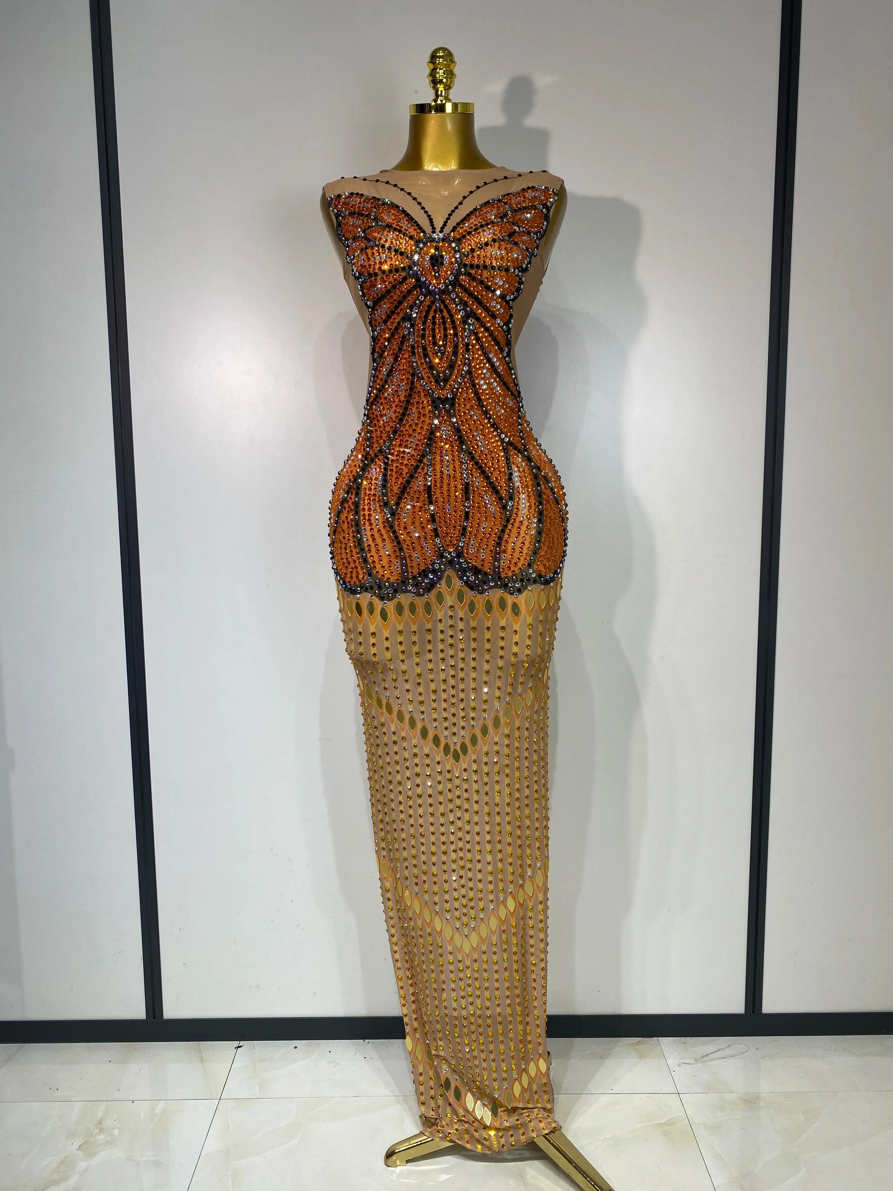 Luxury Rhinestones Mesh Long Dress  Elegant Sexy Sleeveless Birthday Evening Party Gown Performance Singer Stage Outfit